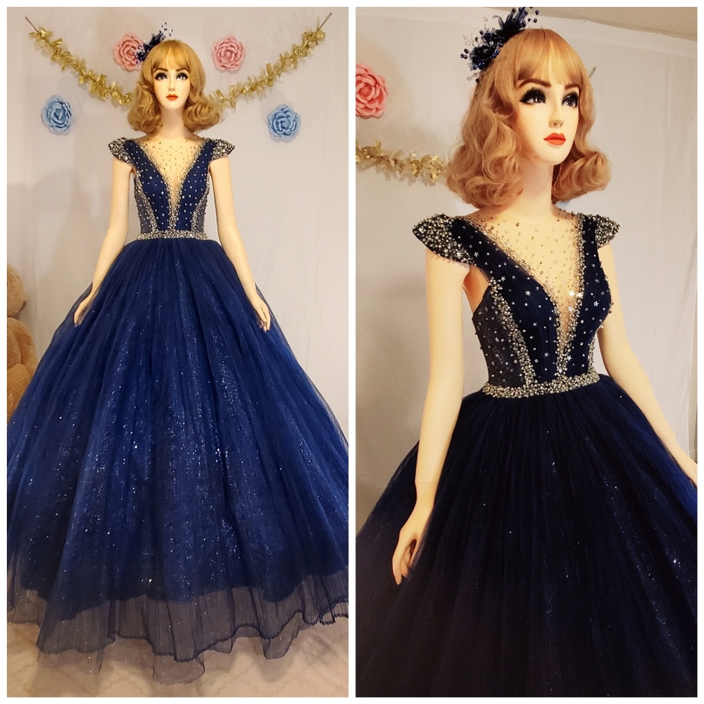 Navy Blue Cap Sleeve Beaded Gown